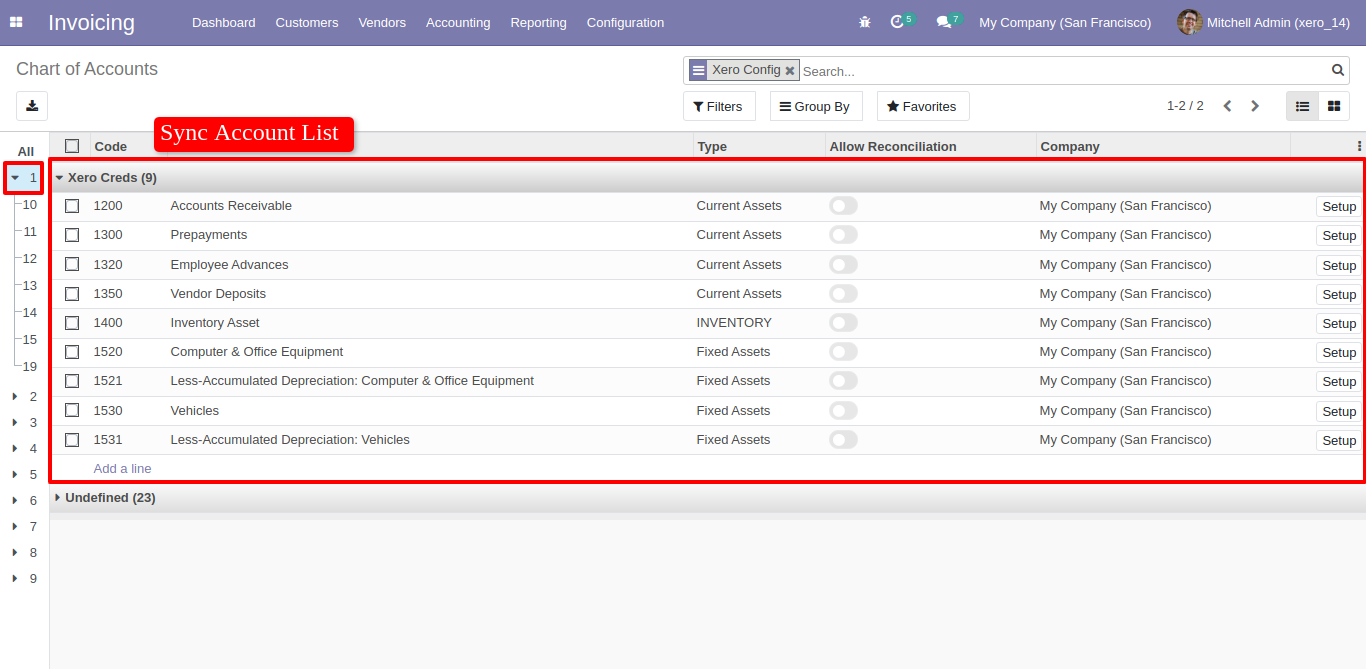 Synced Chart of Accounts list grouped by Xero Config