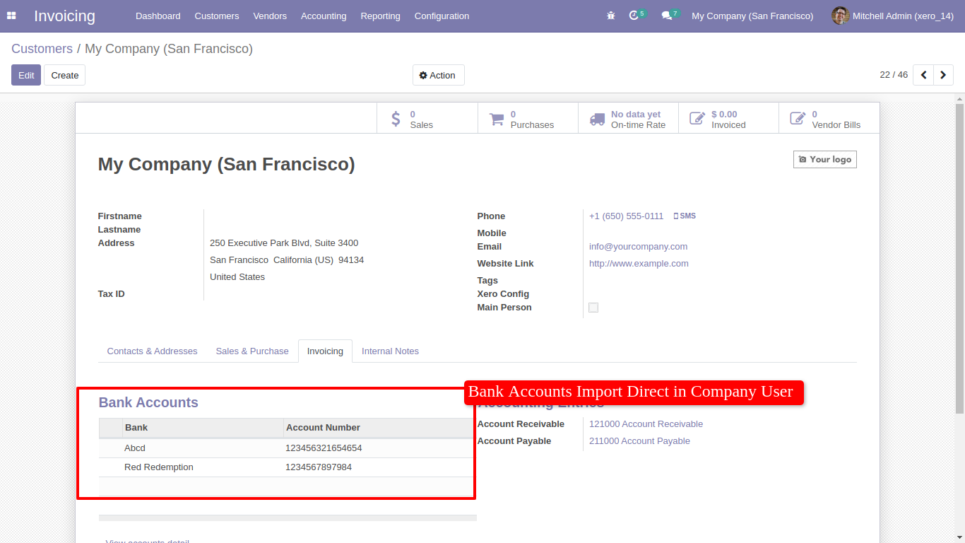Bank accounts imported in Odoo company user