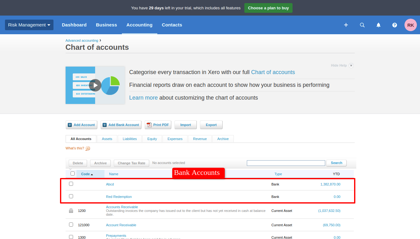 Bank accounts list in Xero Chart of Accounts