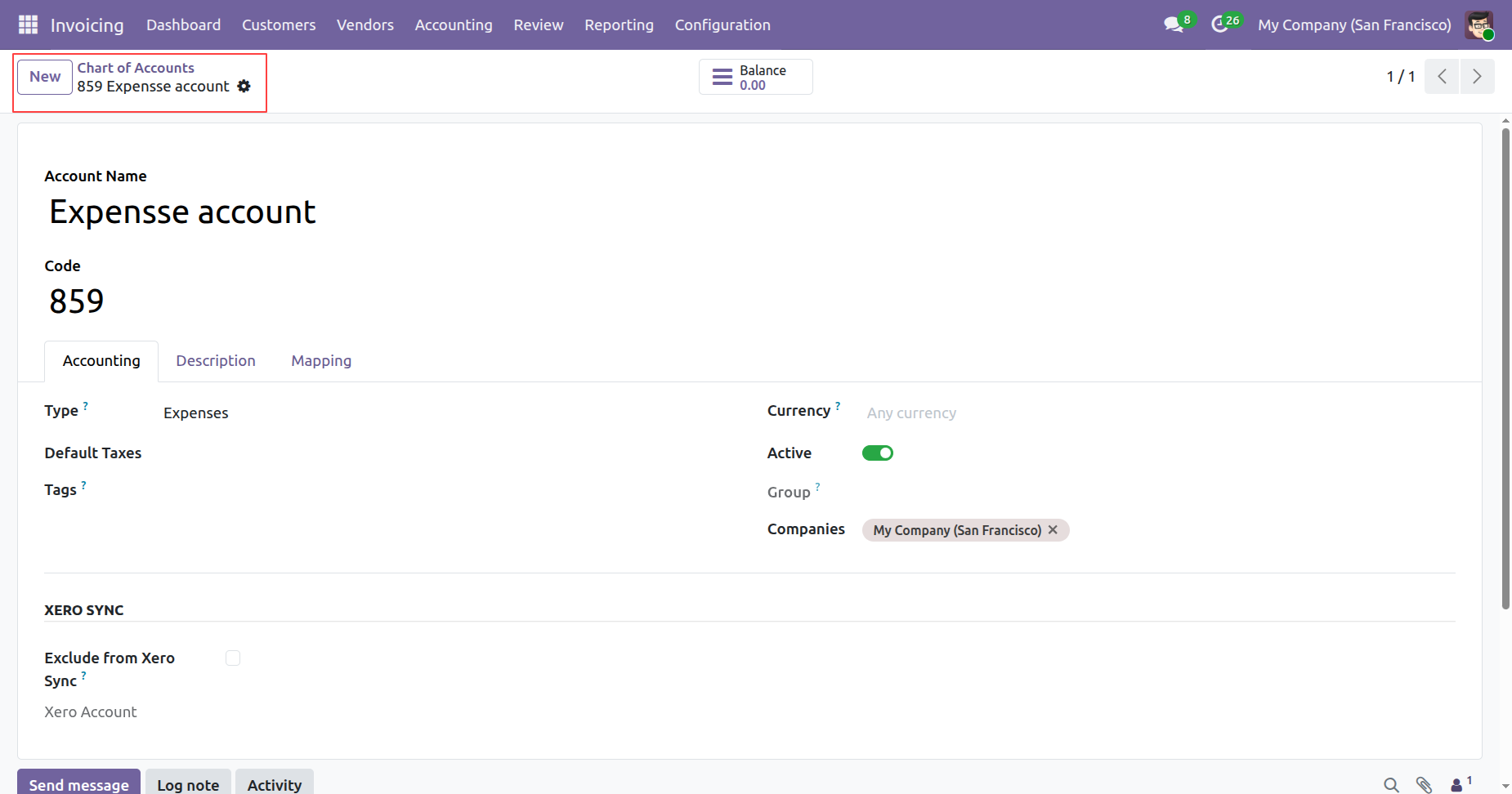 Create new expense account in Odoo Chart of Accounts