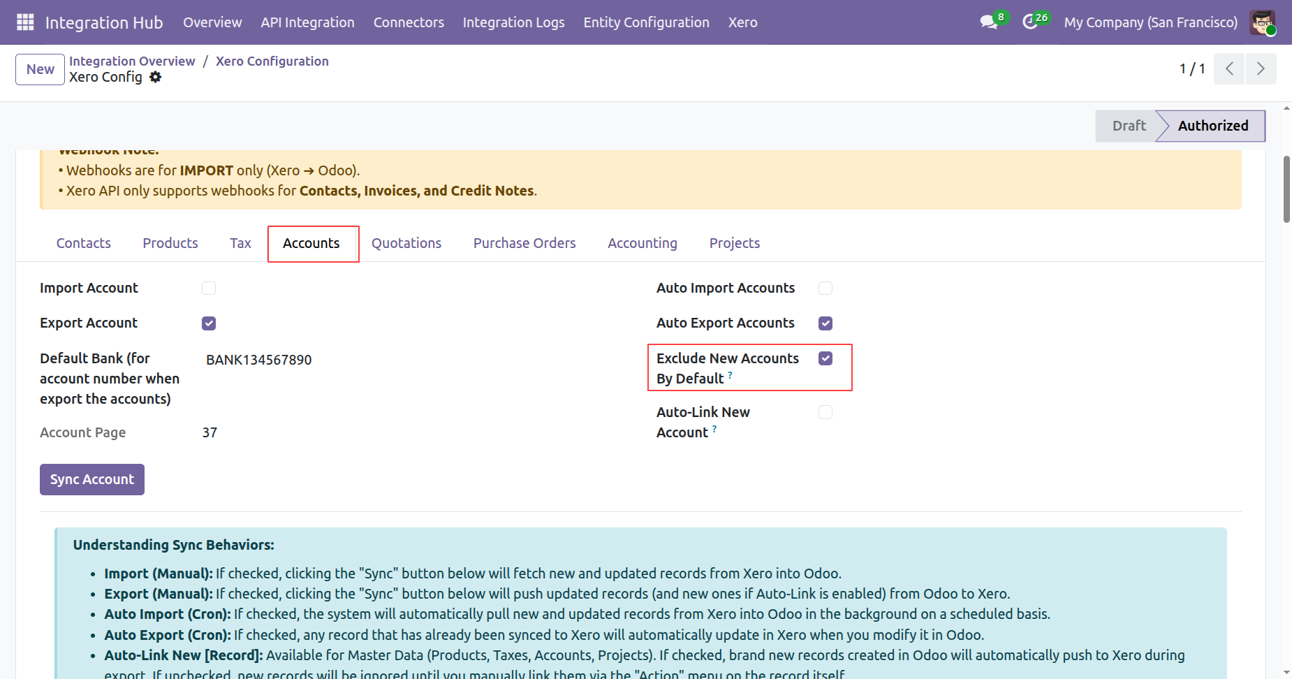 Enable Exclude New Accounts By Default in Xero Configuration