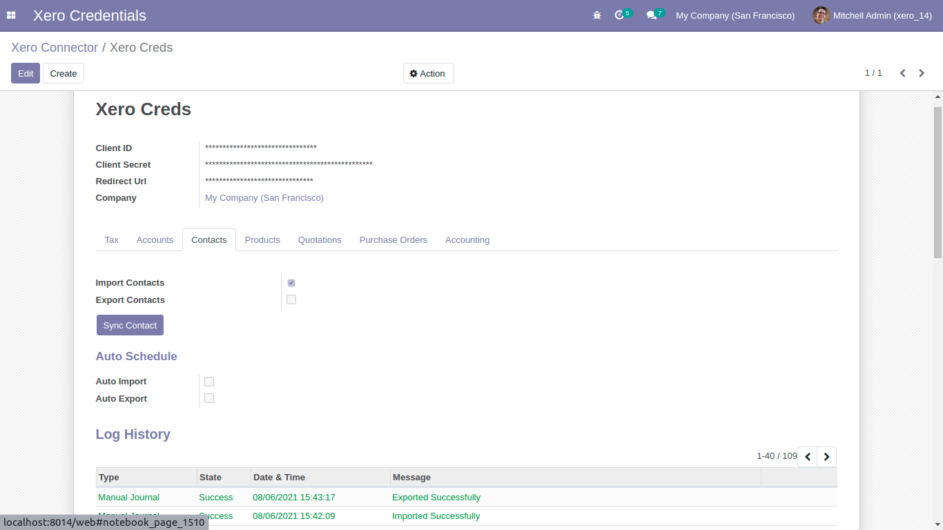 Sync Contact settings and log history in Odoo Xero