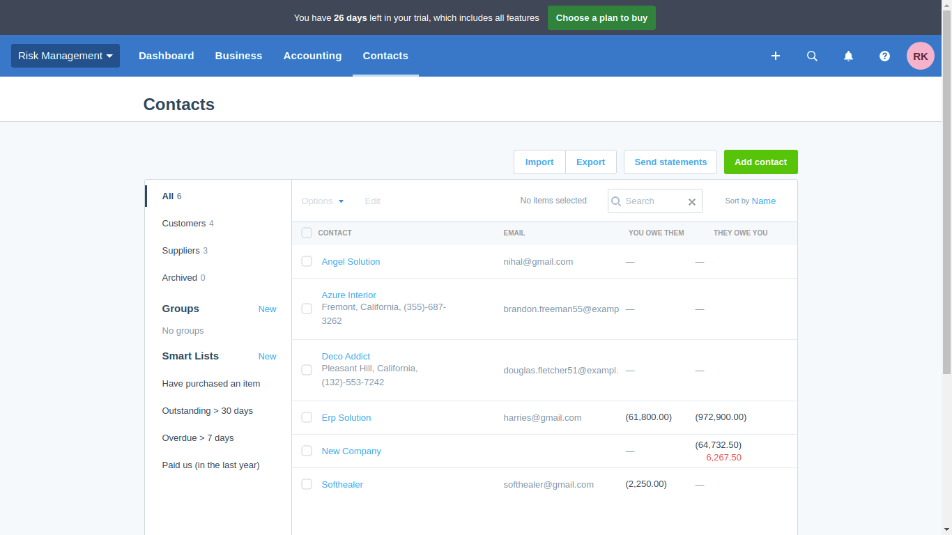 Contacts list view in Xero