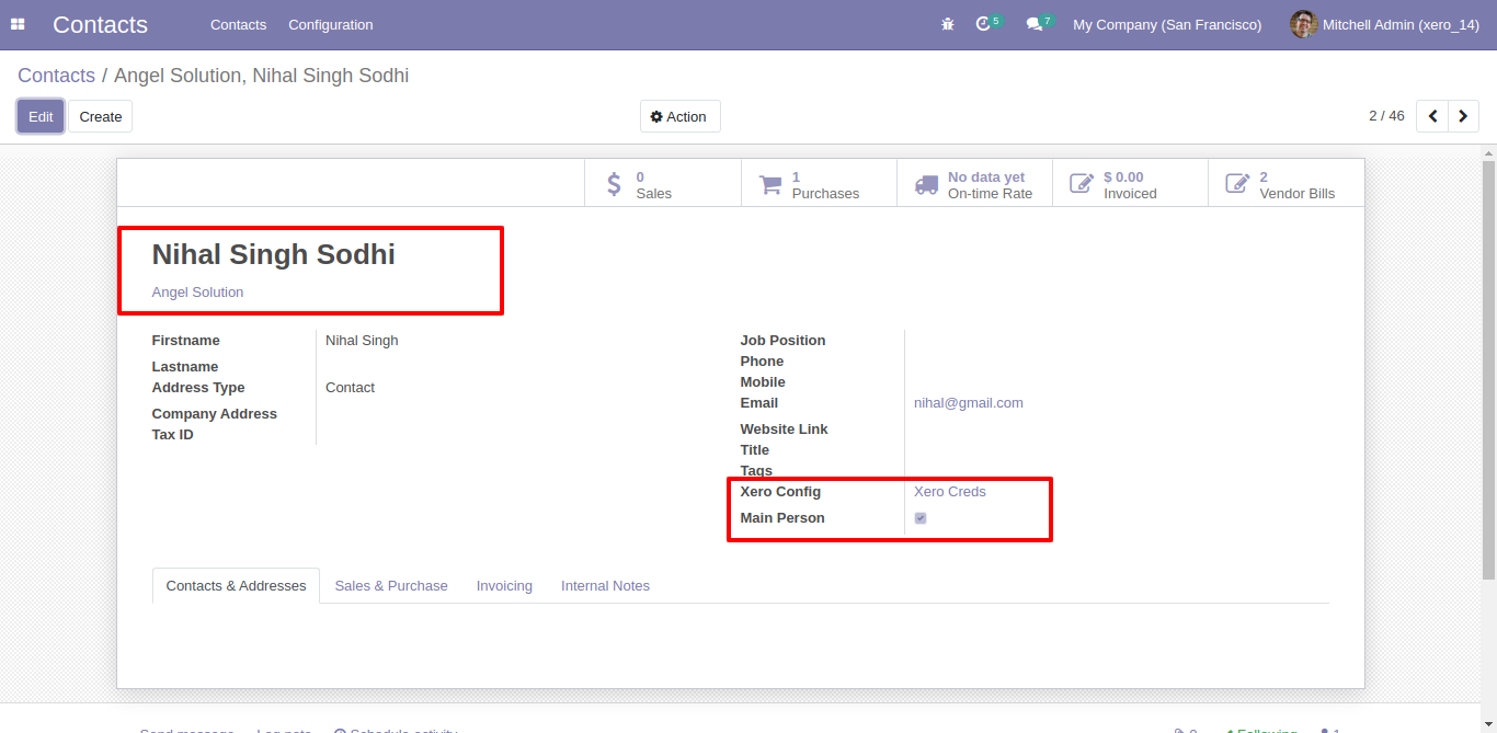 Xero Config field in Odoo contact form view