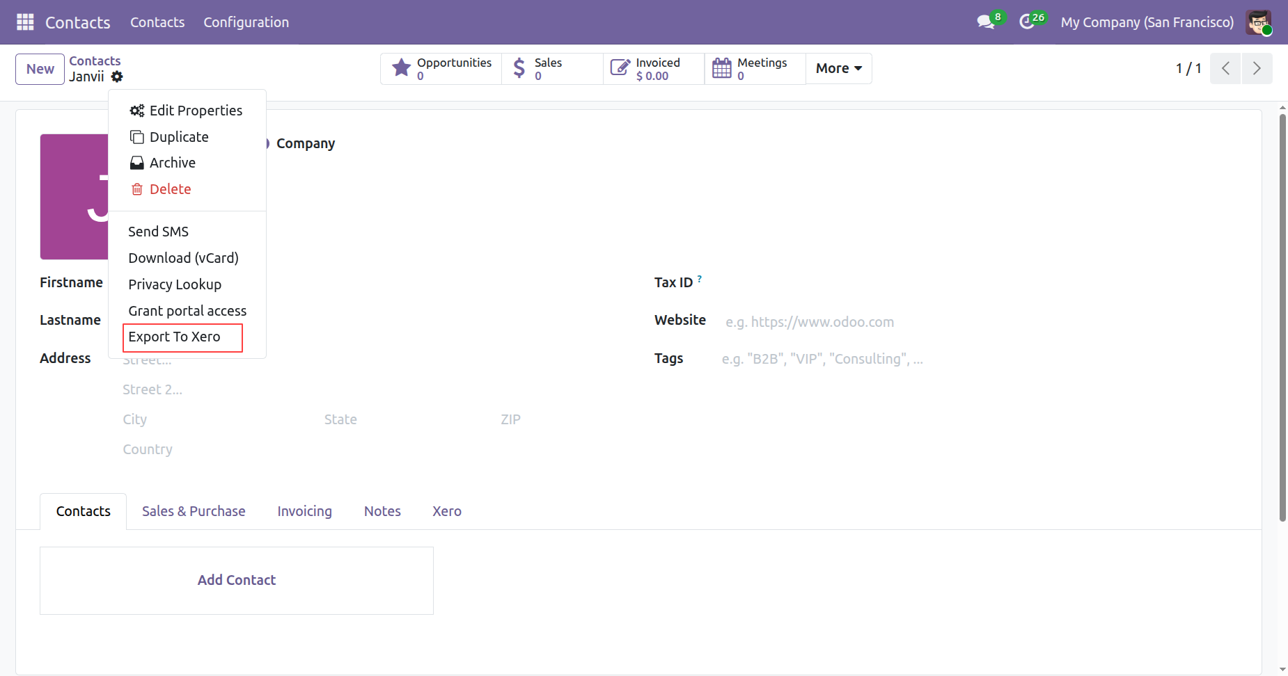 Export To Xero option in contact form view