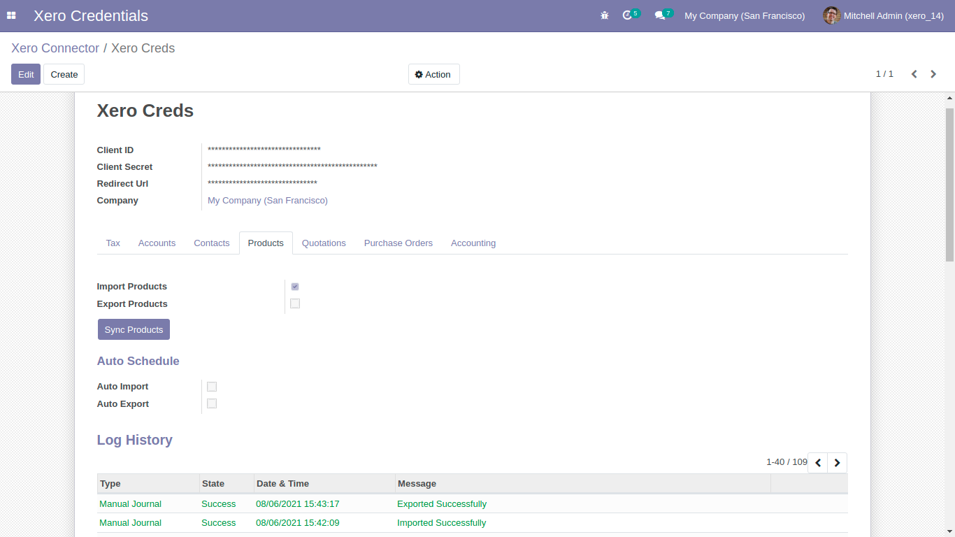 Sync Products settings and log history in Odoo Xero