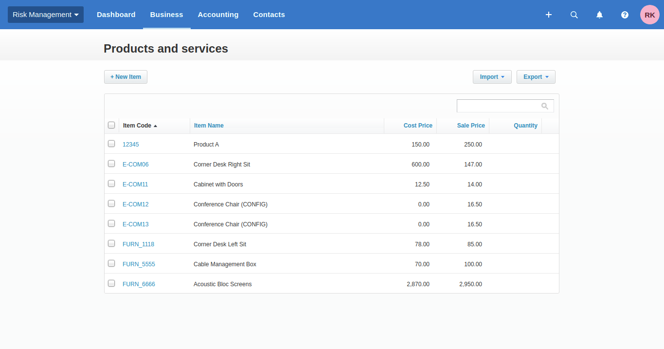 Products and services list in Xero