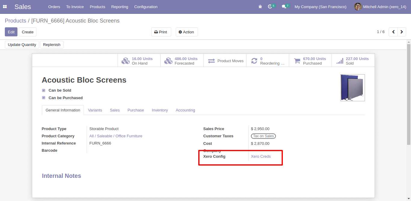 Xero Config field in Odoo product details