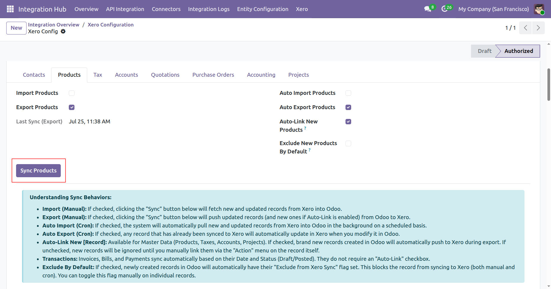 Sync Products button in Xero Configuration