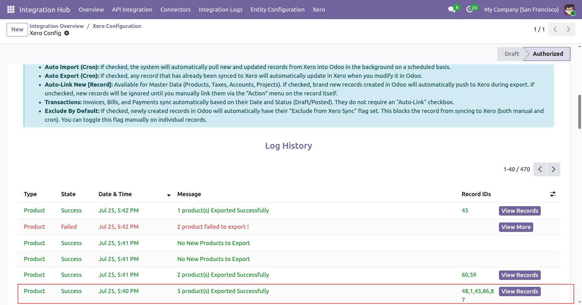Product sync log history in Xero Configuration