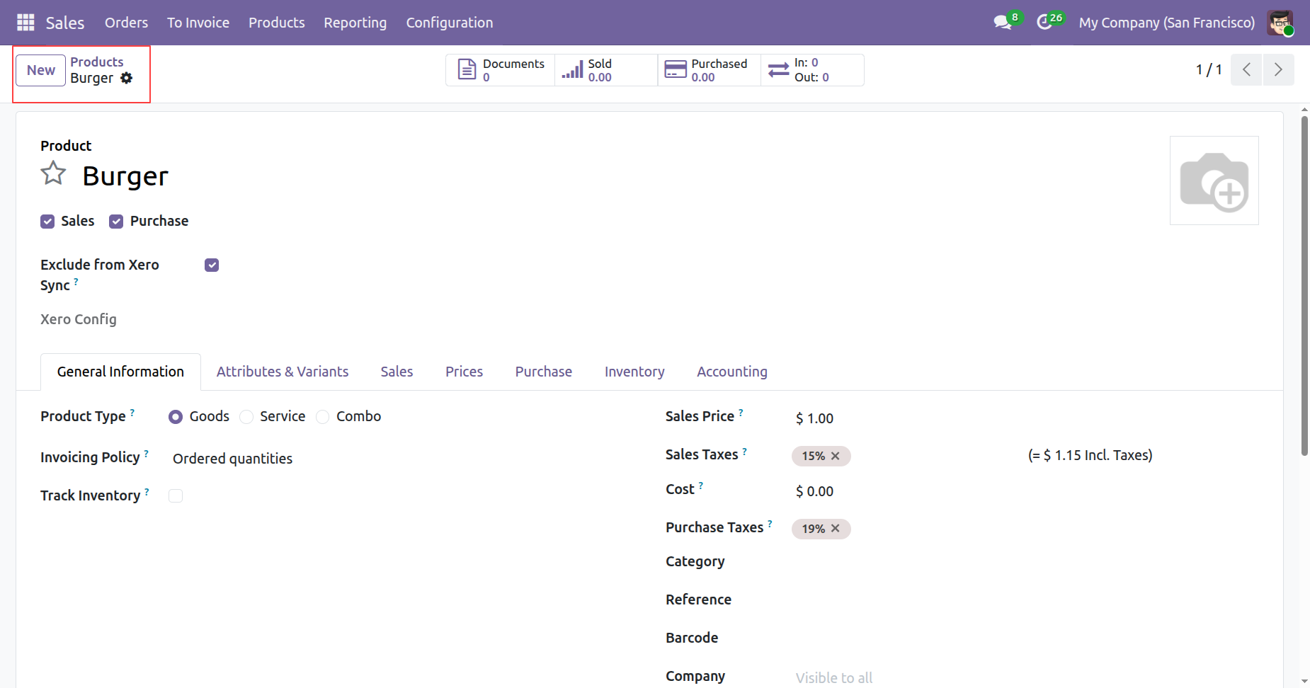 Create new product excluded from Xero Sync in Odoo