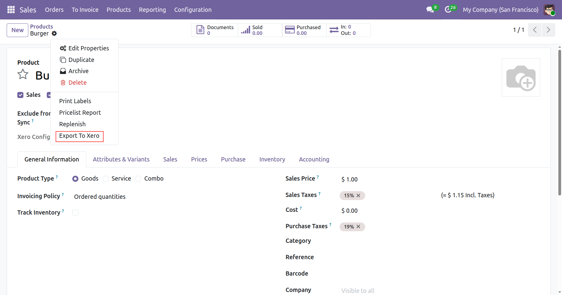 Export To Xero option in product form view
