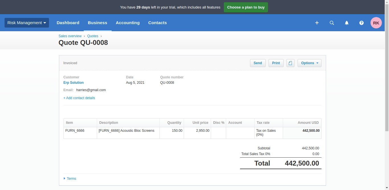 Sales quotation view in Xero