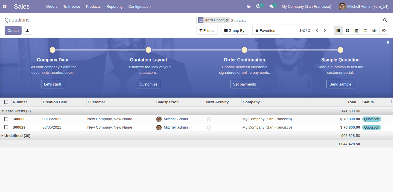 Synced quotation list grouped by Xero Config