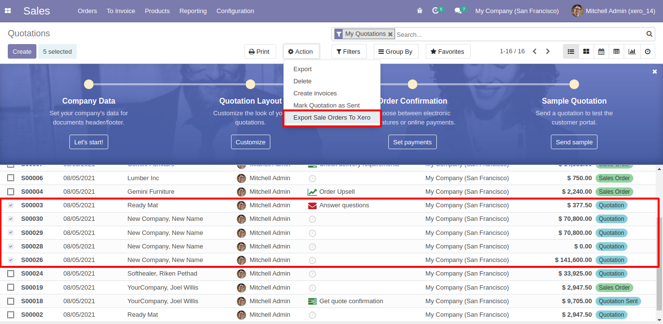 Export multiple sale orders to Xero using Action menu