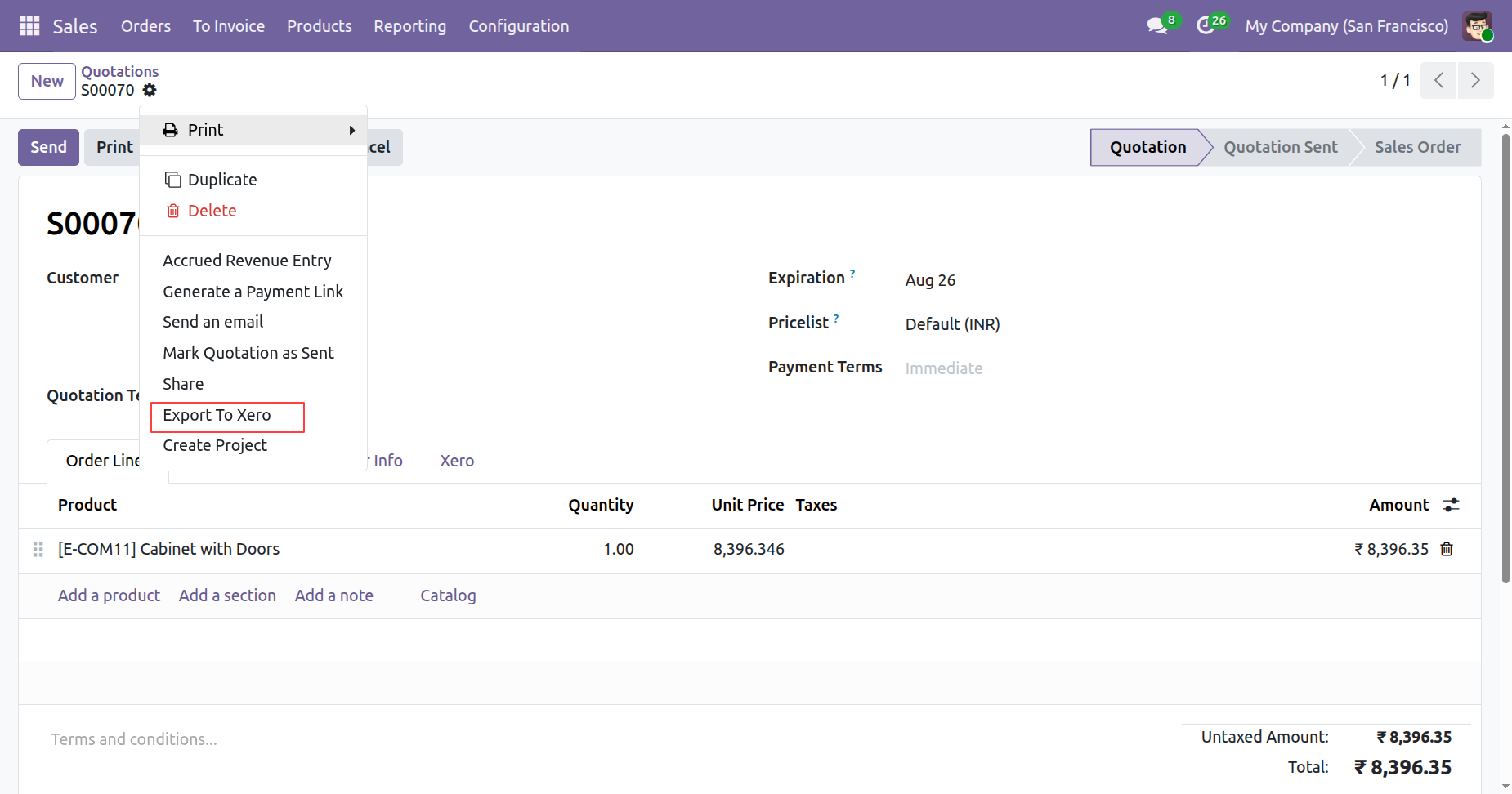 Export To Xero option in sales order form view