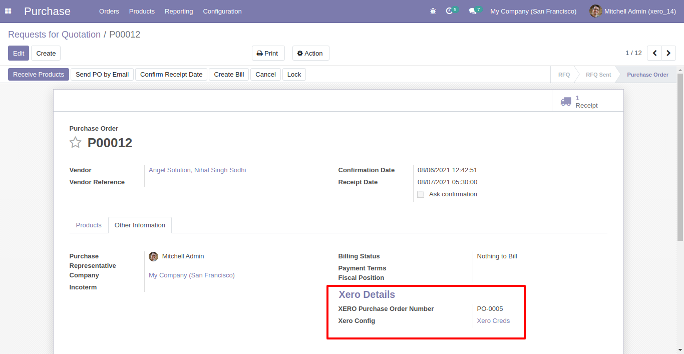 Xero Config details in purchase order