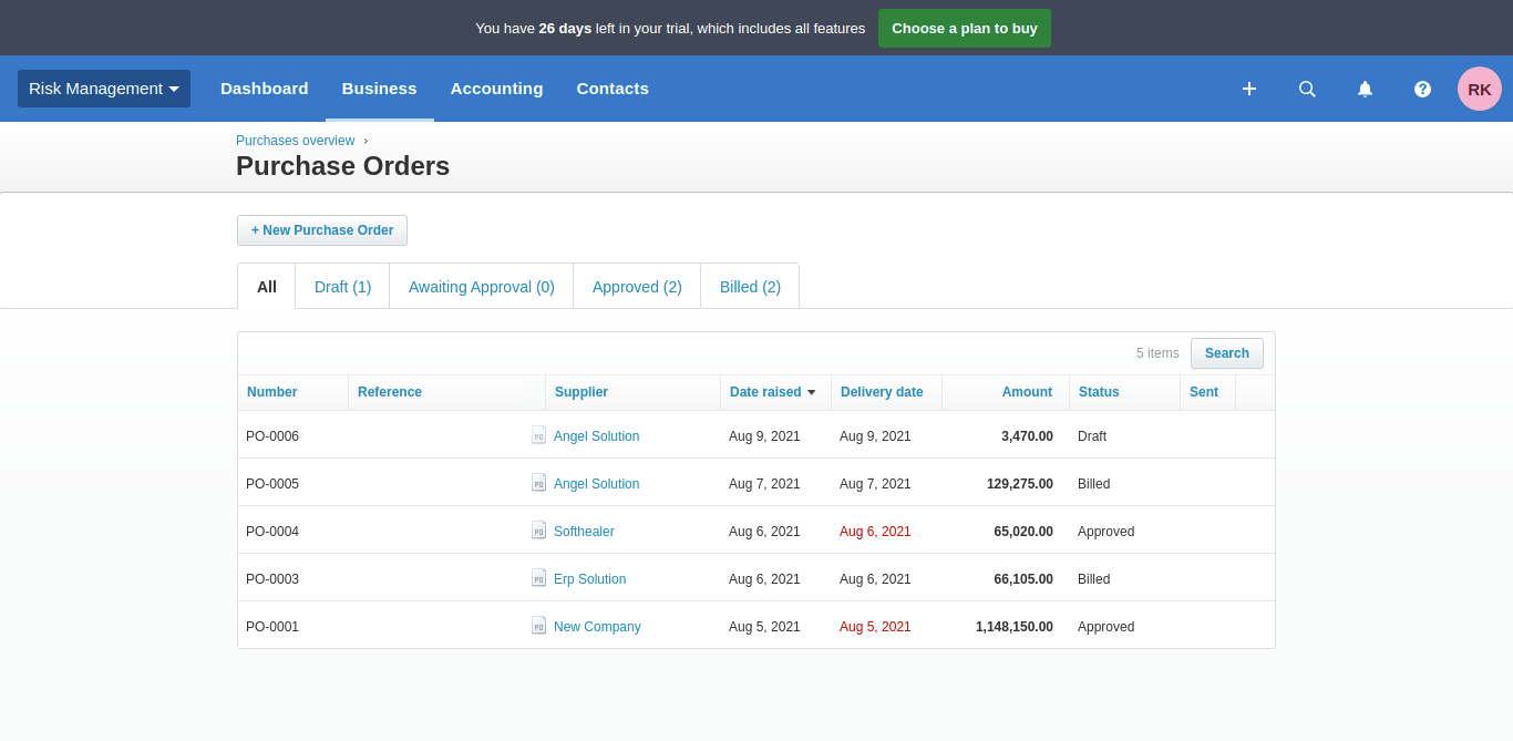 Purchase orders list in Xero