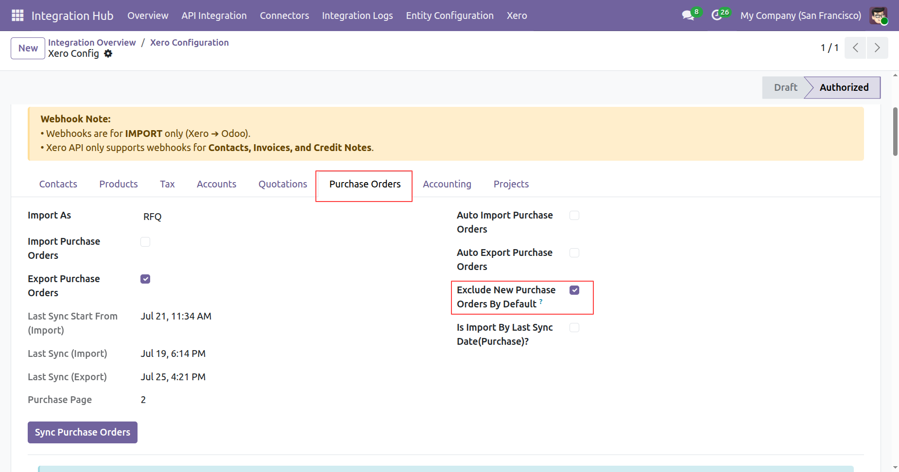 Enable Exclude New Purchase Orders By Default in Xero Configuration