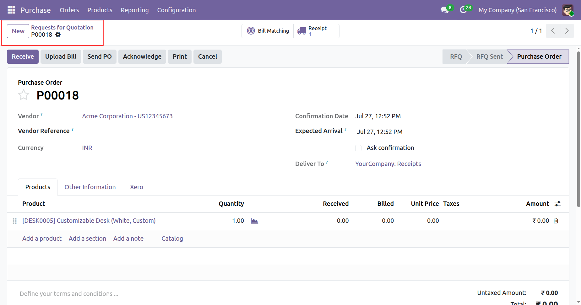Create new purchase order in Odoo