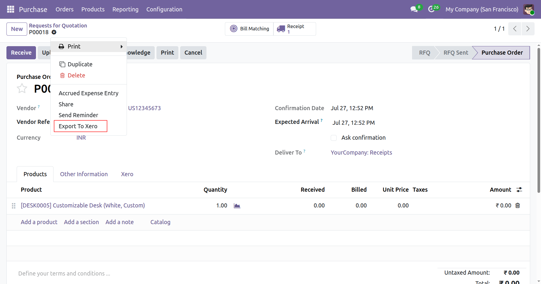 Export To Xero option in purchase order form view