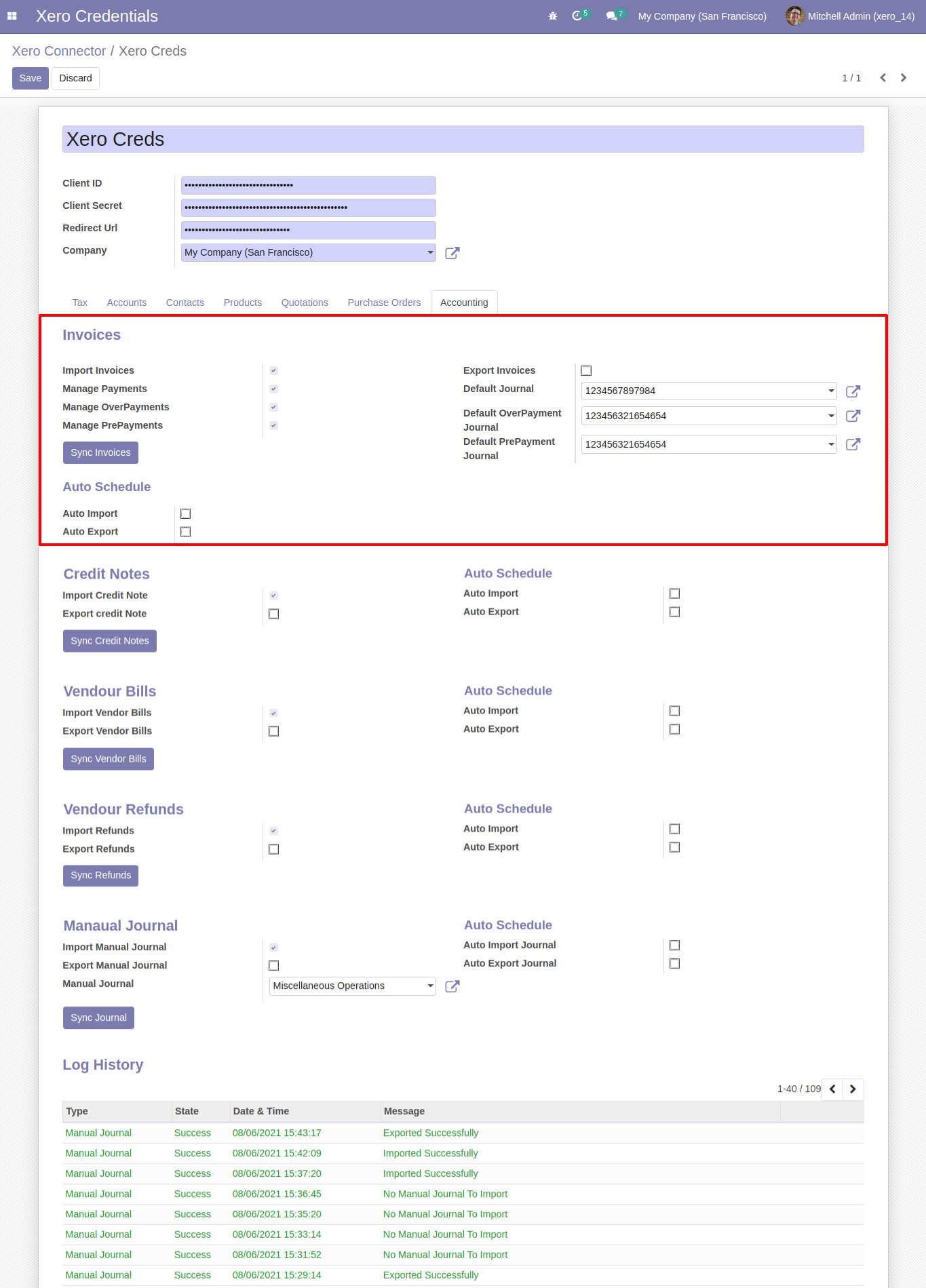 Sync invoices, bills, credit notes, and payments settings in Odoo Xero