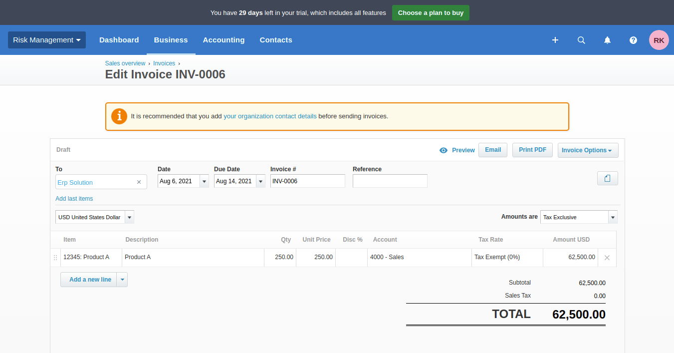 Synced invoice view in Xero
