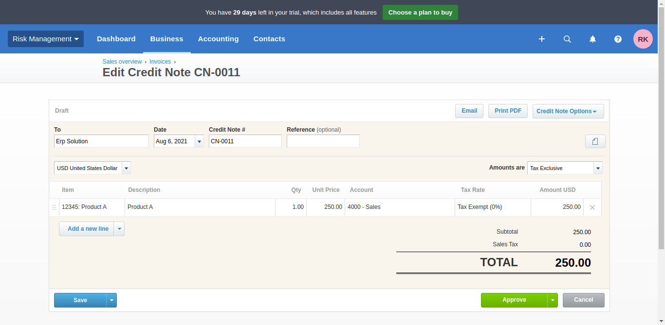 Synced credit note view in Xero