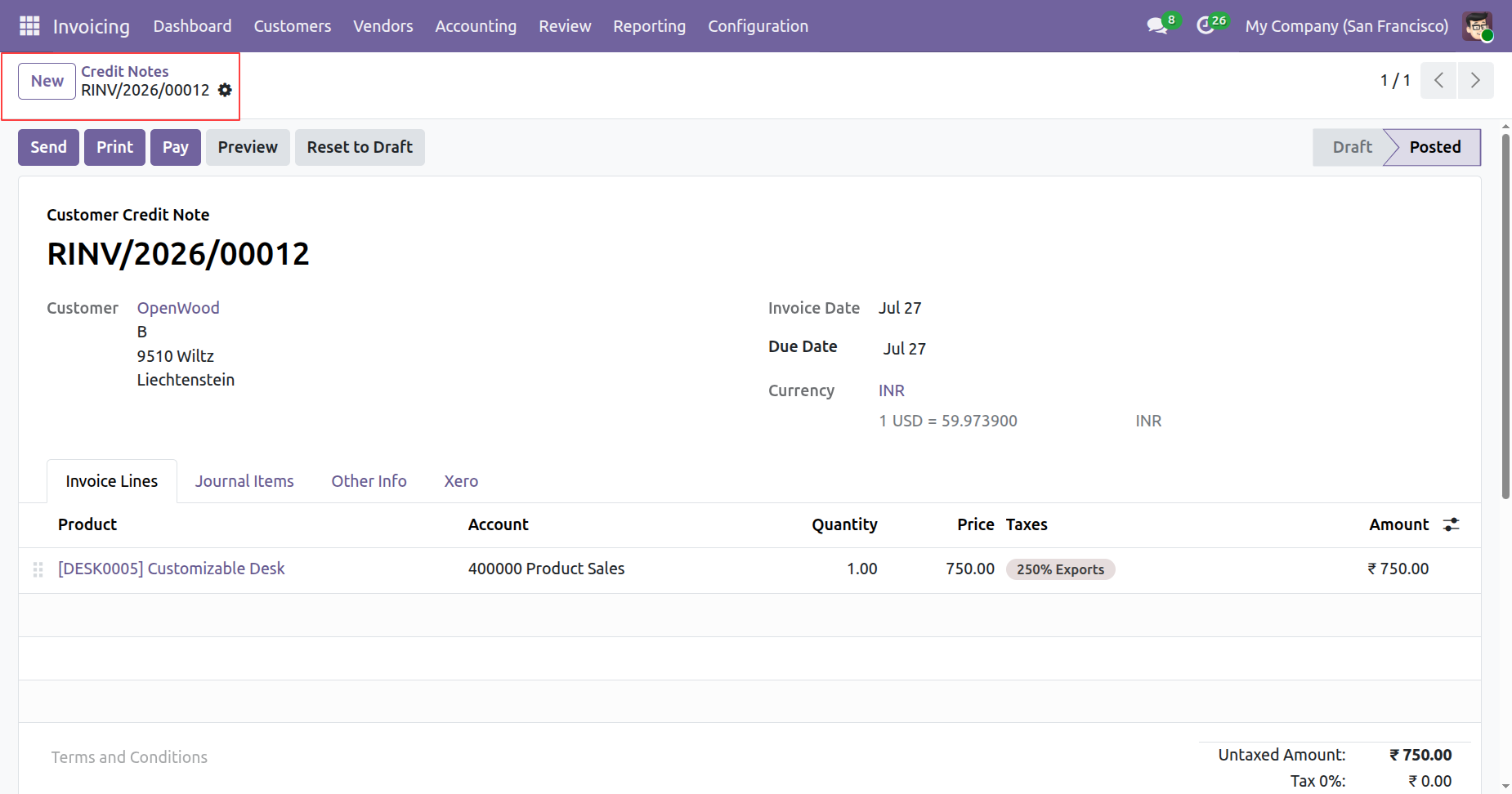Create new customer credit note in Odoo
