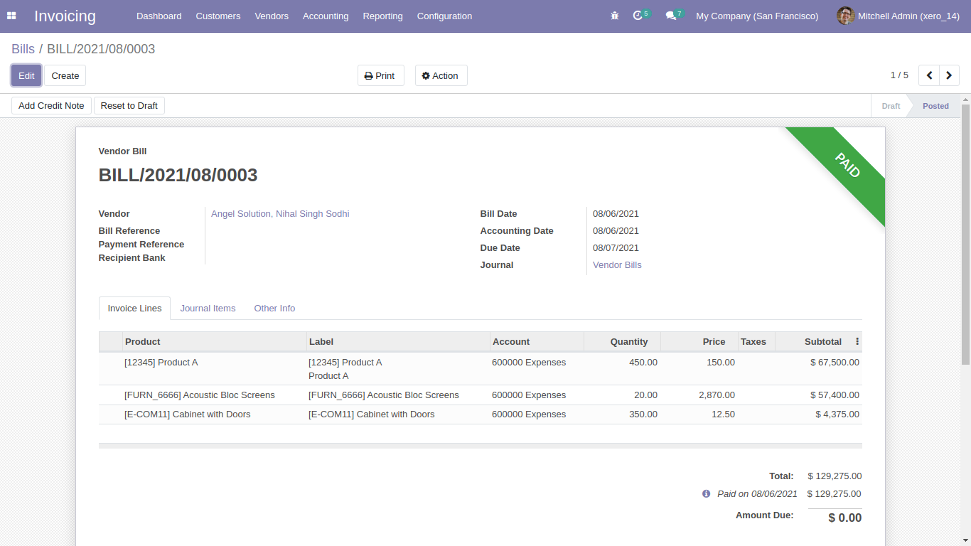 Vendor bill form view in Odoo