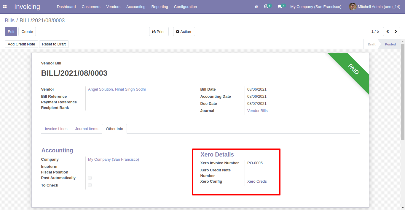 Xero Config details in Odoo vendor bill