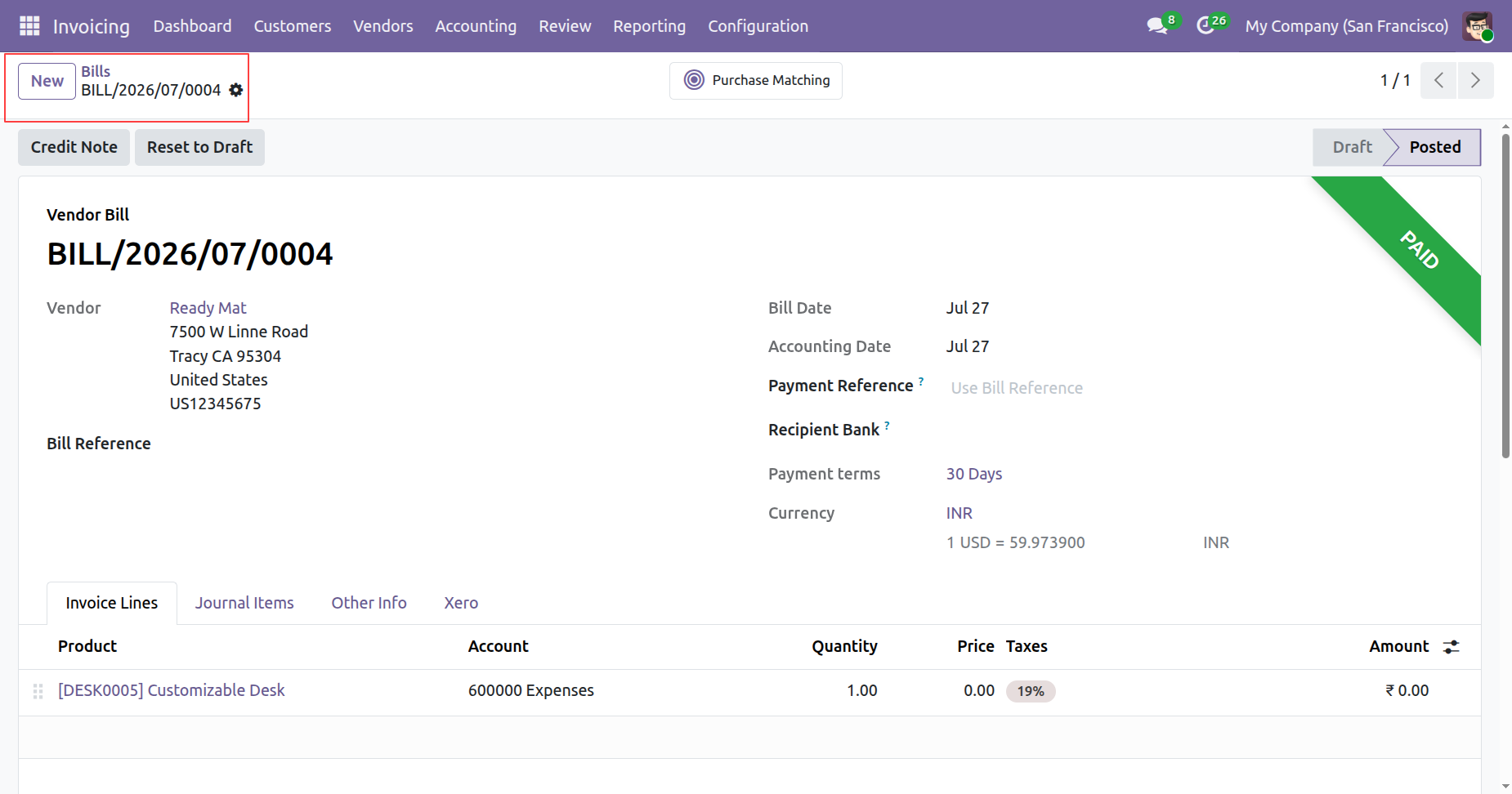 Create new vendor bill in Odoo