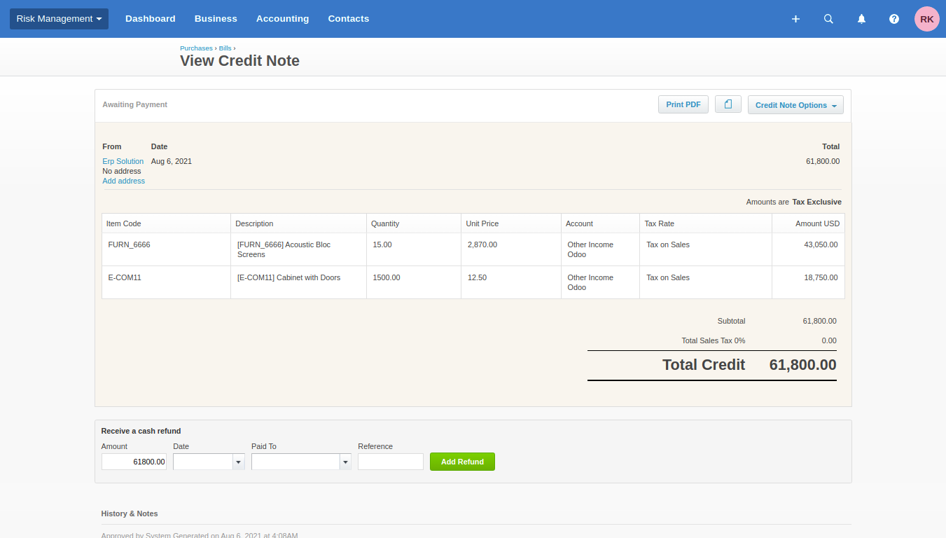 Synced credit note refund view in Xero