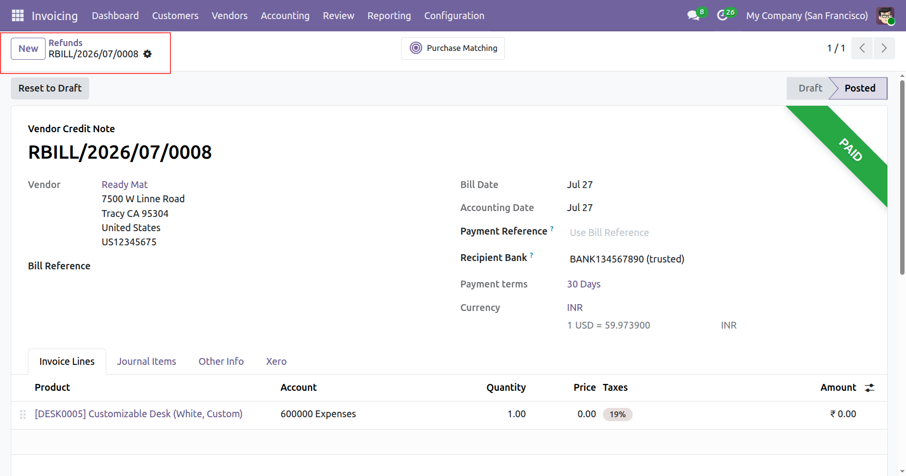 Create new vendor refund in Odoo