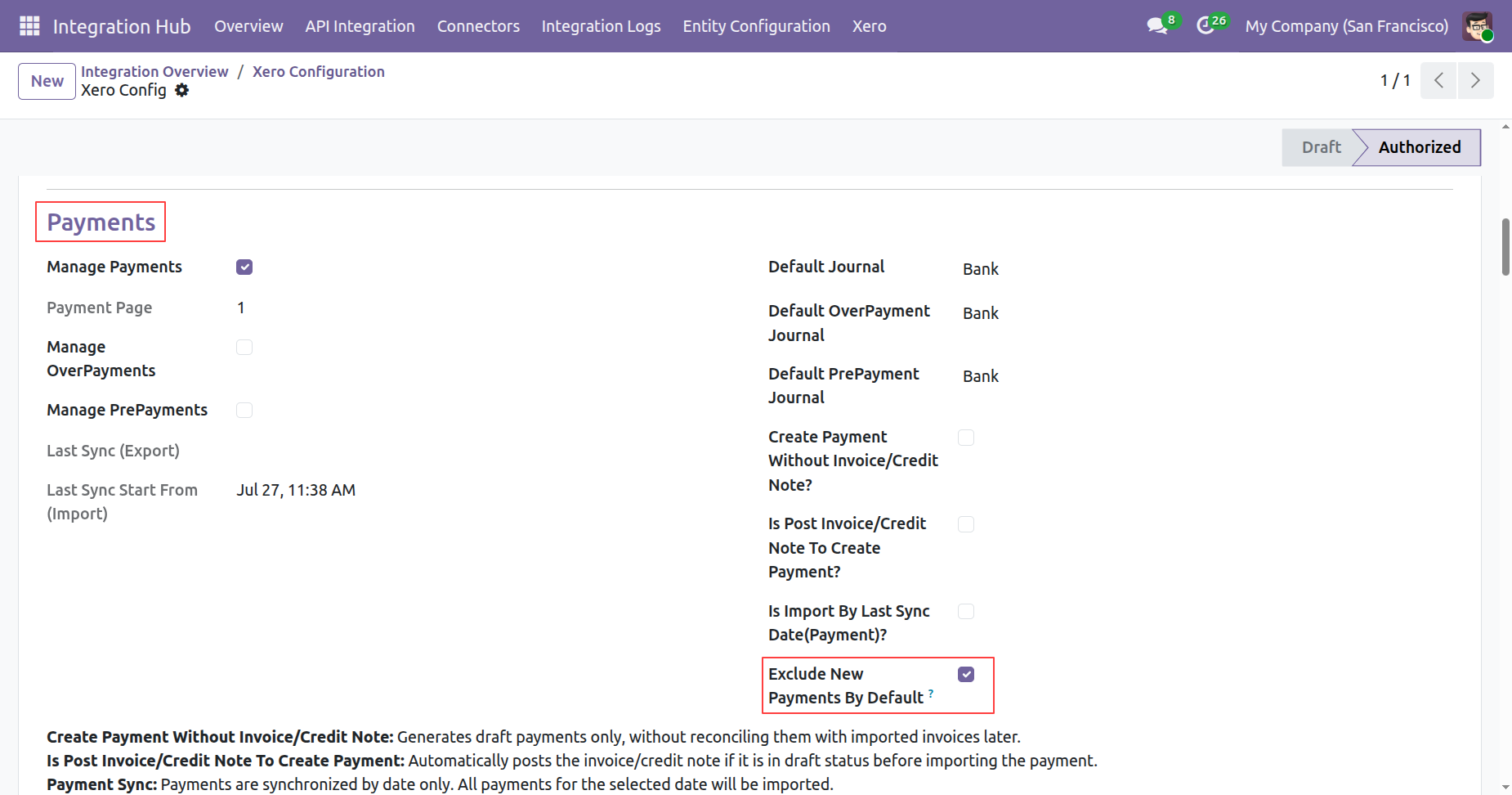 Enable Exclude New Payments By Default in Xero Configuration