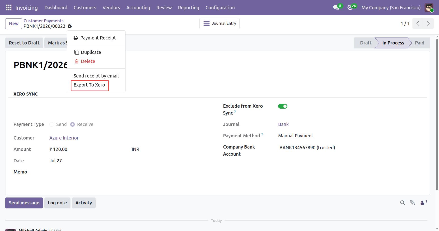 Export To Xero option in payment form view