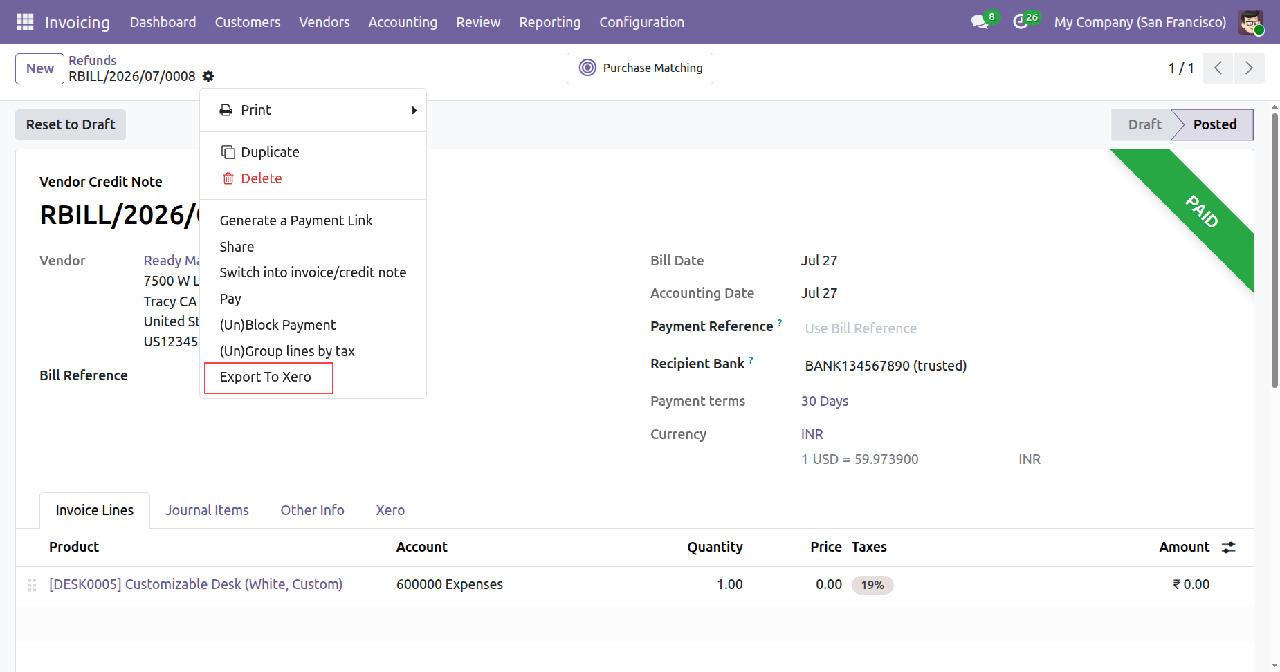 Export To Xero option in refund form view