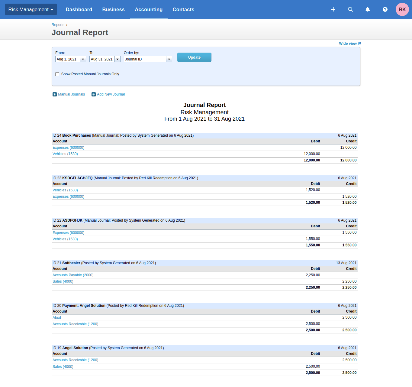 Manual journal report with debit and credit entries in Xero