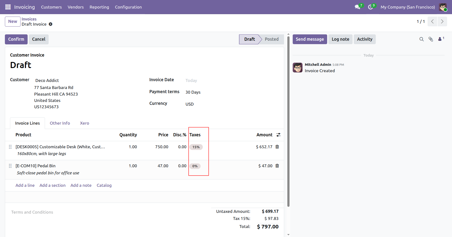 Draft invoice with mixed tax rates in Odoo