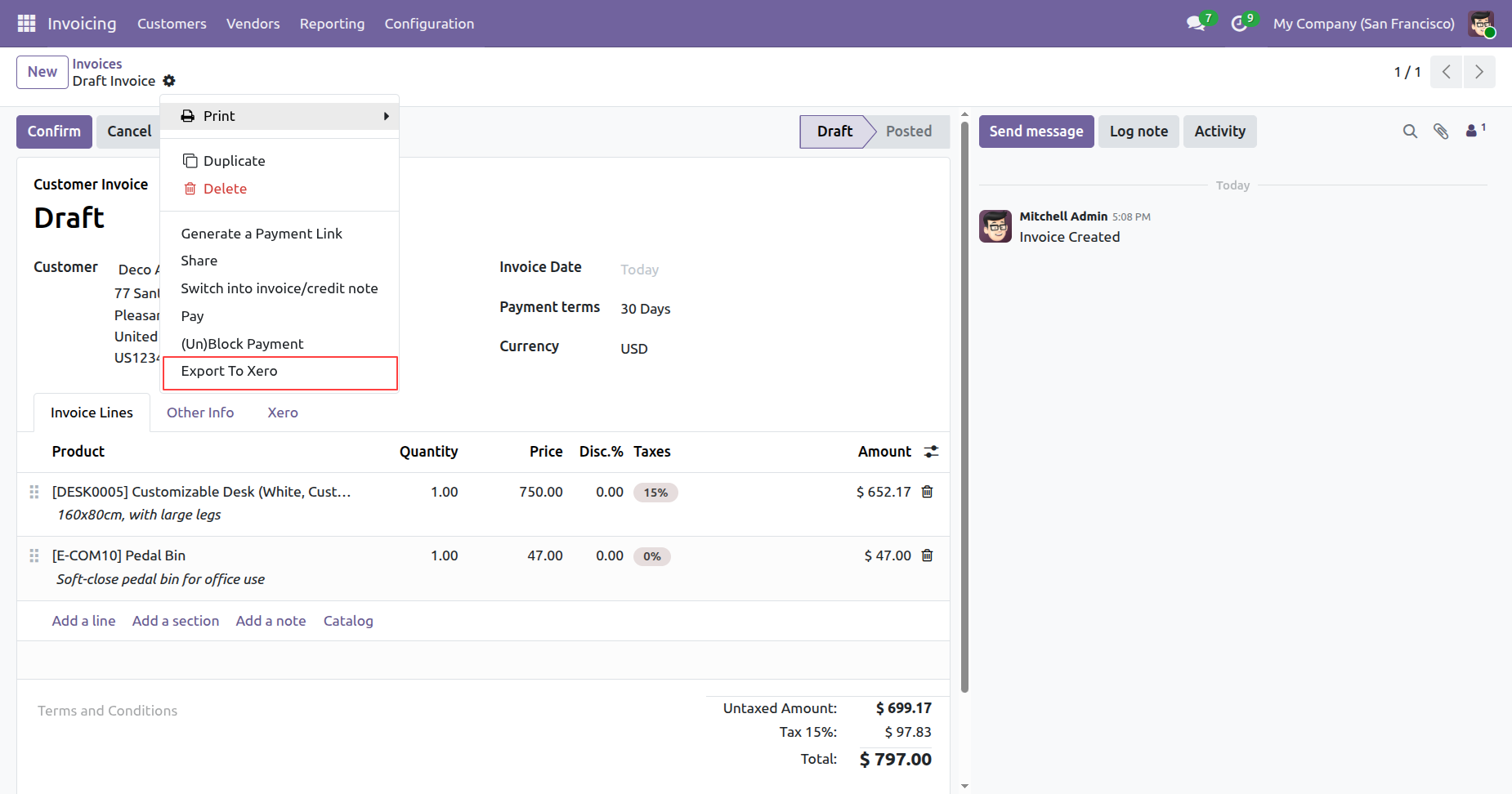 Export To Xero option in invoice action menu