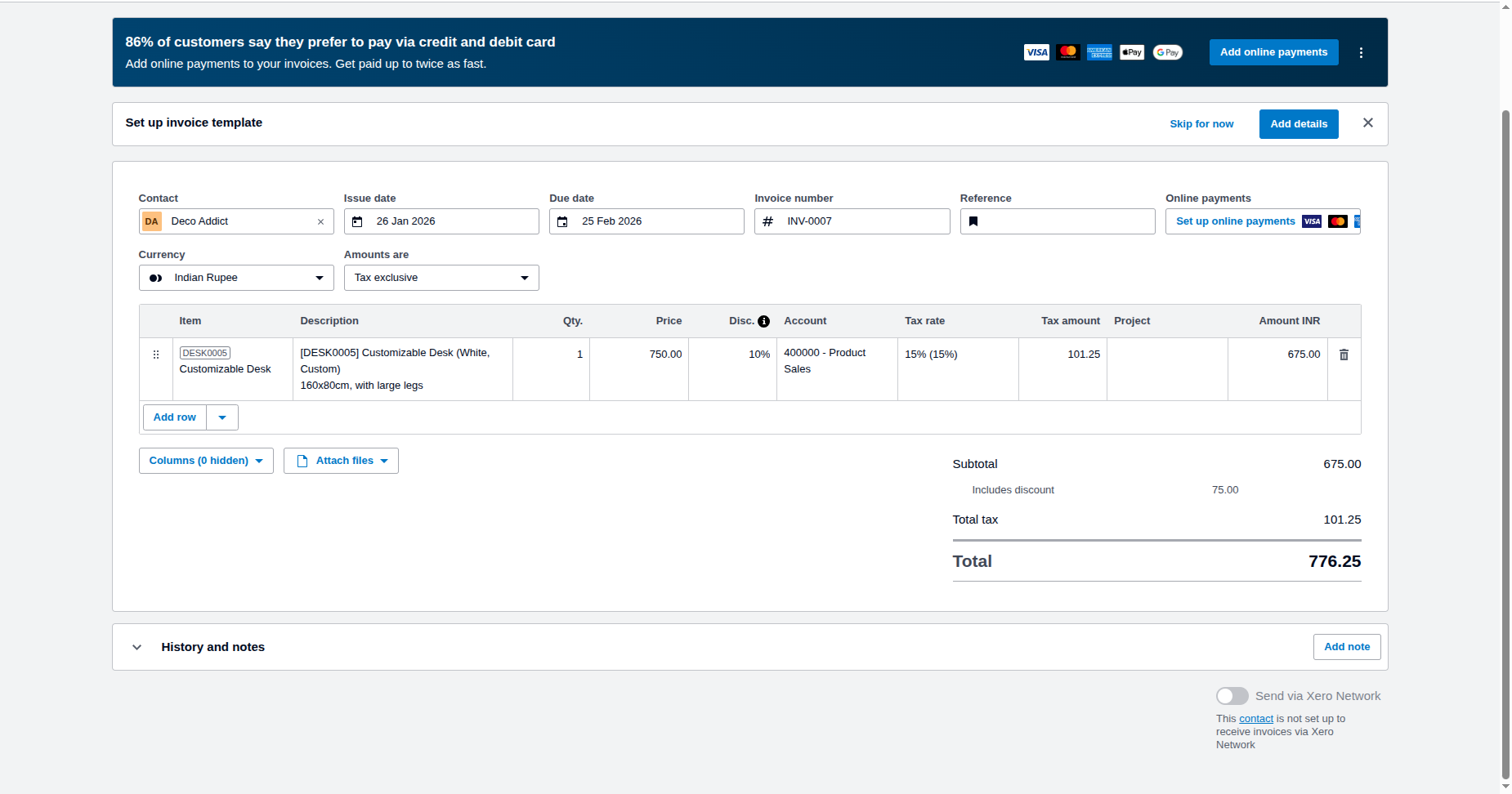Exported invoice with discount line in Xero