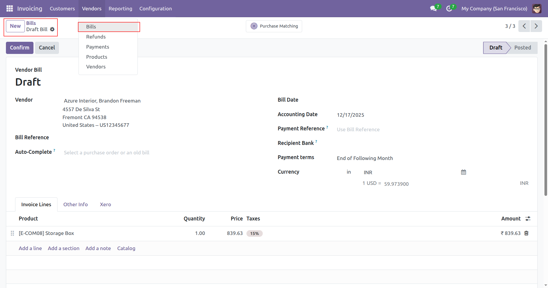 Bills menu and create vendor bill in Odoo