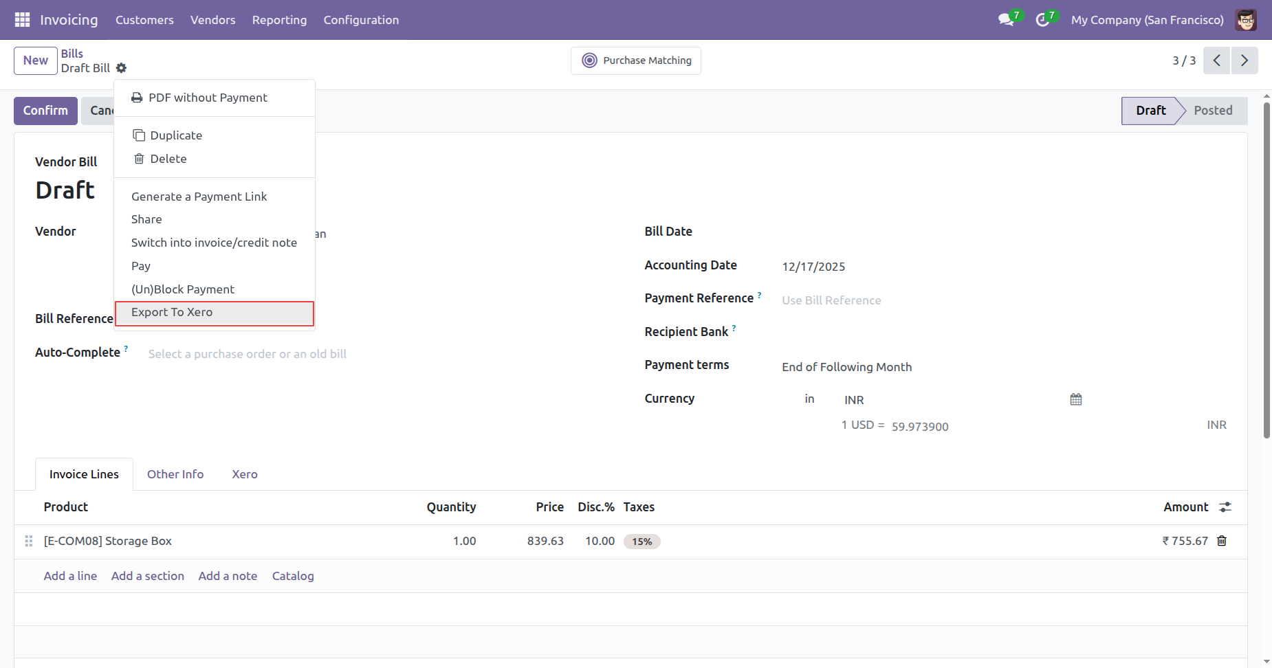 Export To Xero option in bill with discount