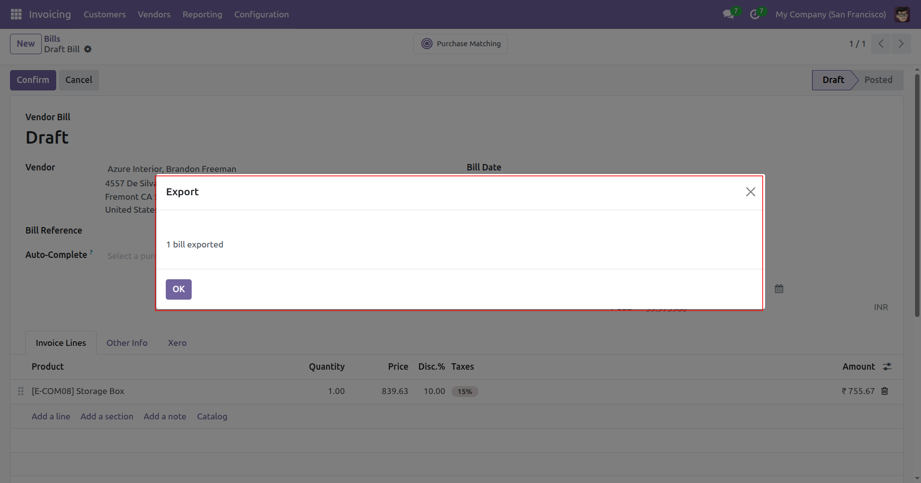 Bill exported successfully confirmation in Odoo