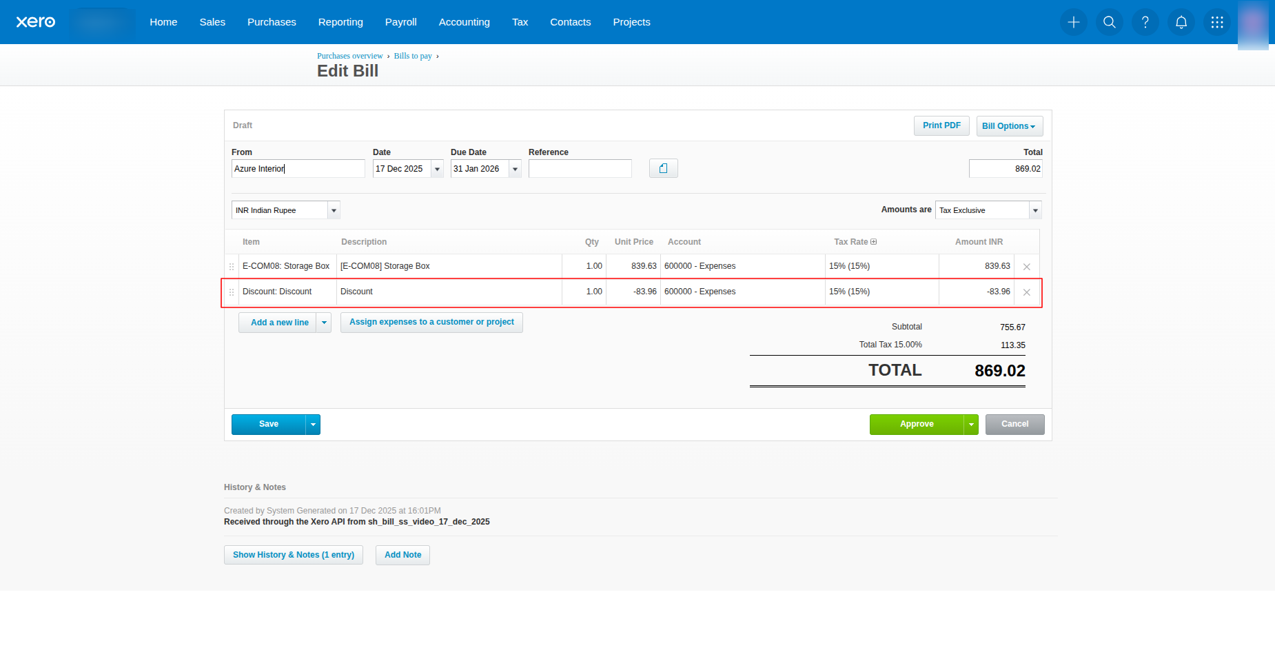 Exported bill with discount line in Xero