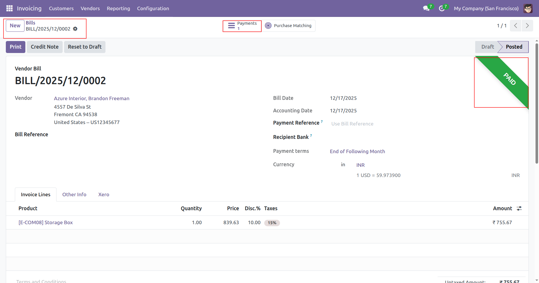 Paid vendor bill status in Odoo