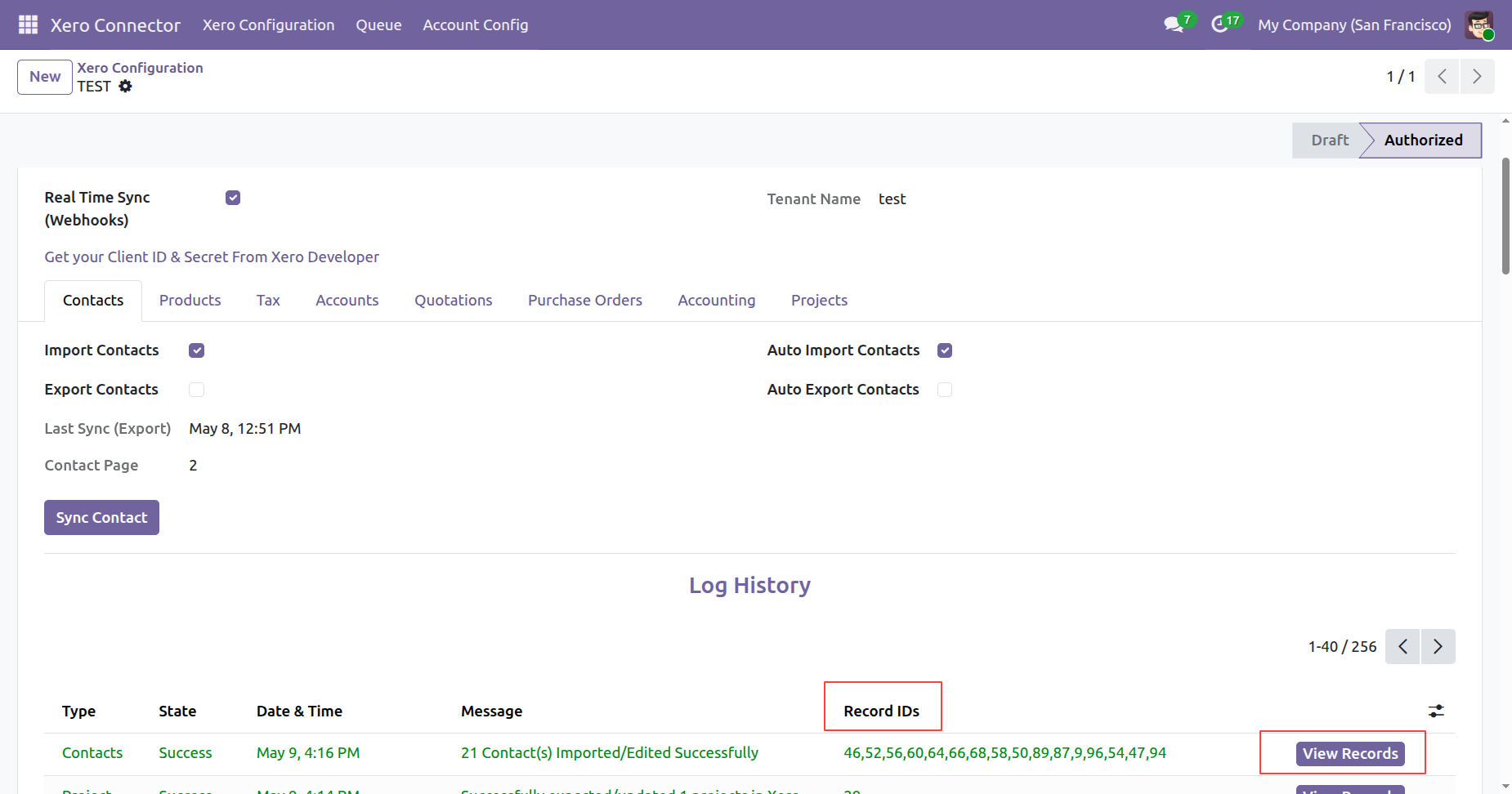 Sync log history with record IDs in Xero Configuration