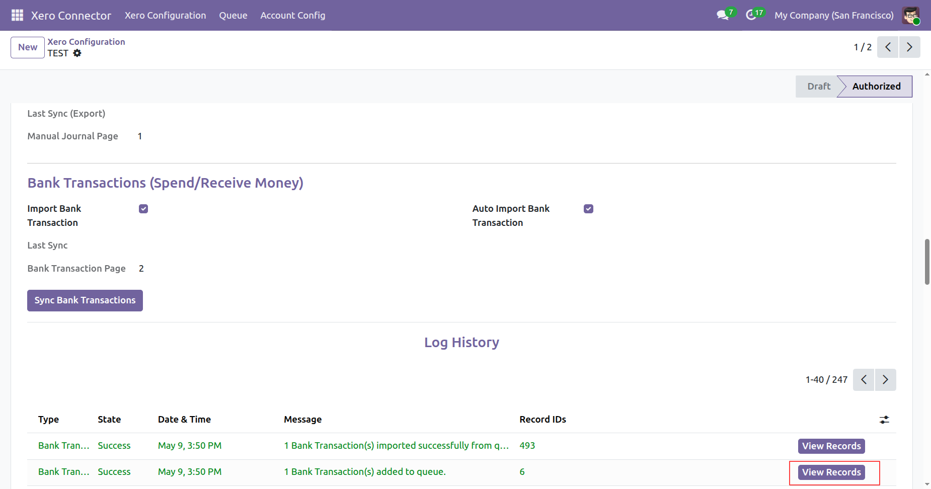 Bank transaction sync log history in Xero Configuration