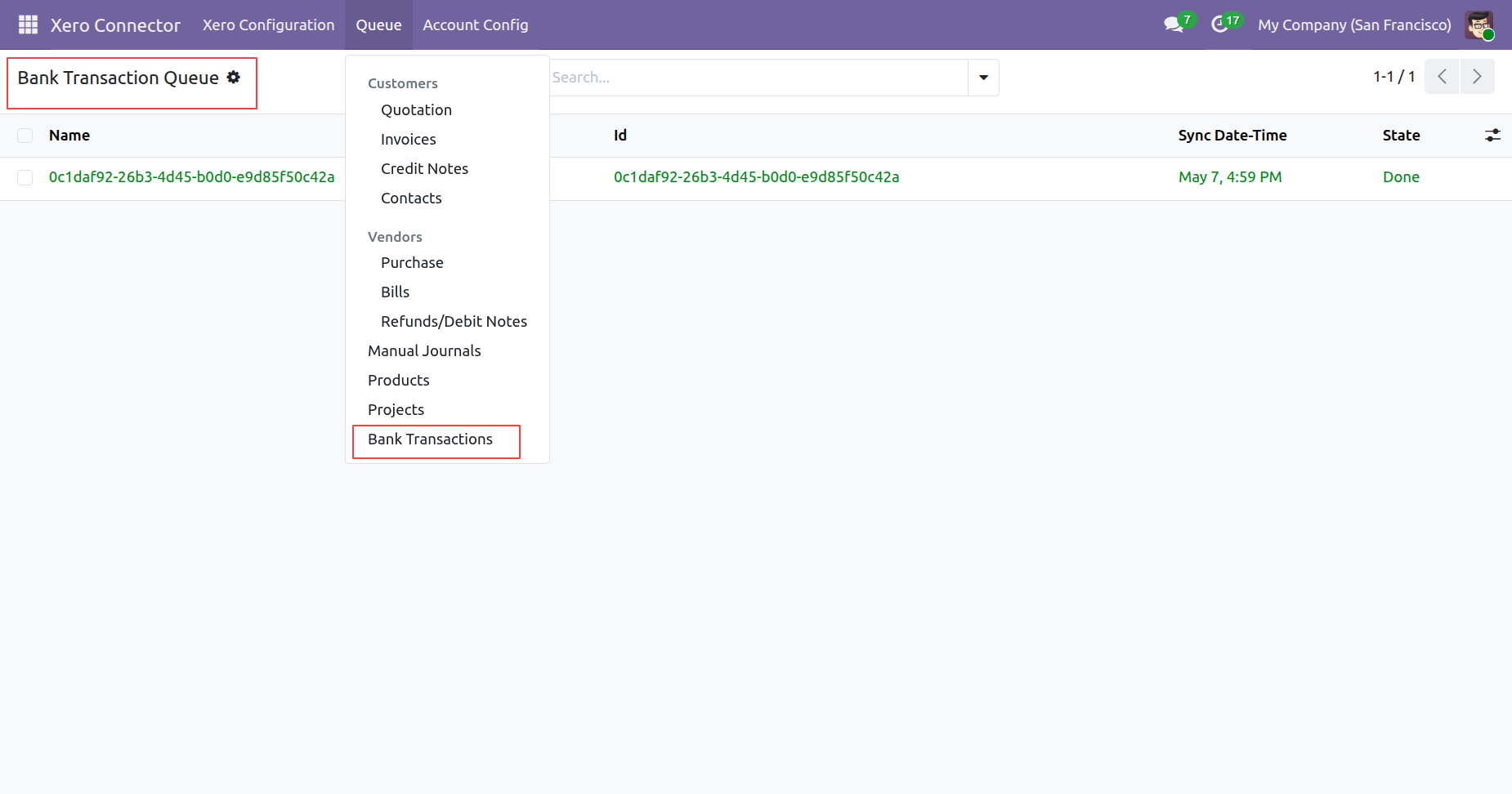 Bank Transaction Queue menu in Xero Connector
