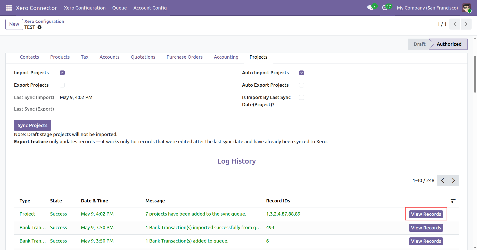 Project sync log history in Xero Configuration